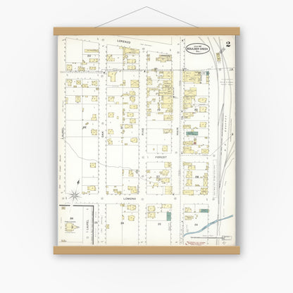Old map wall art mockup — magnetic wood frame on white wall — Sanborn Fire Insurance Map from Boulder Creek, Santa Cruz County, California (1897), Sheet #0002