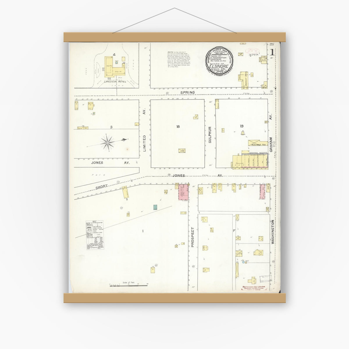Old map wall art mockup — magnetic wood frame on white wall — Sanborn Fire Insurance Map from Elsinore, Riverside County, California (1892), Sheet #0001