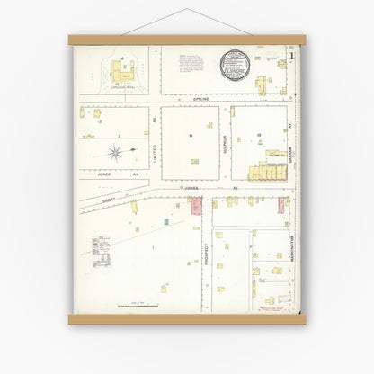 Old map wall art mockup — magnetic wood frame on white wall — Sanborn Fire Insurance Map from Elsinore, Riverside County, California (1892), Sheet #0001