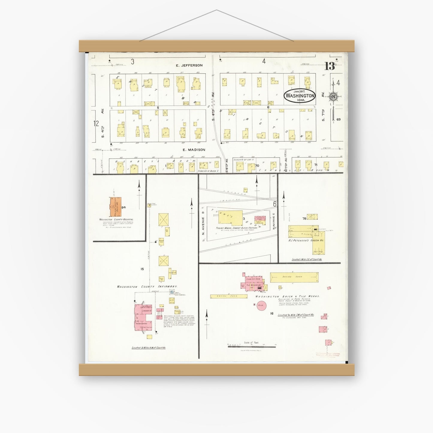 Old map wall art mockup — magnetic wood frame on white wall — Sanborn Fire Insurance Map from Washington, Washington County, Iowa (1917), Sheet #0013