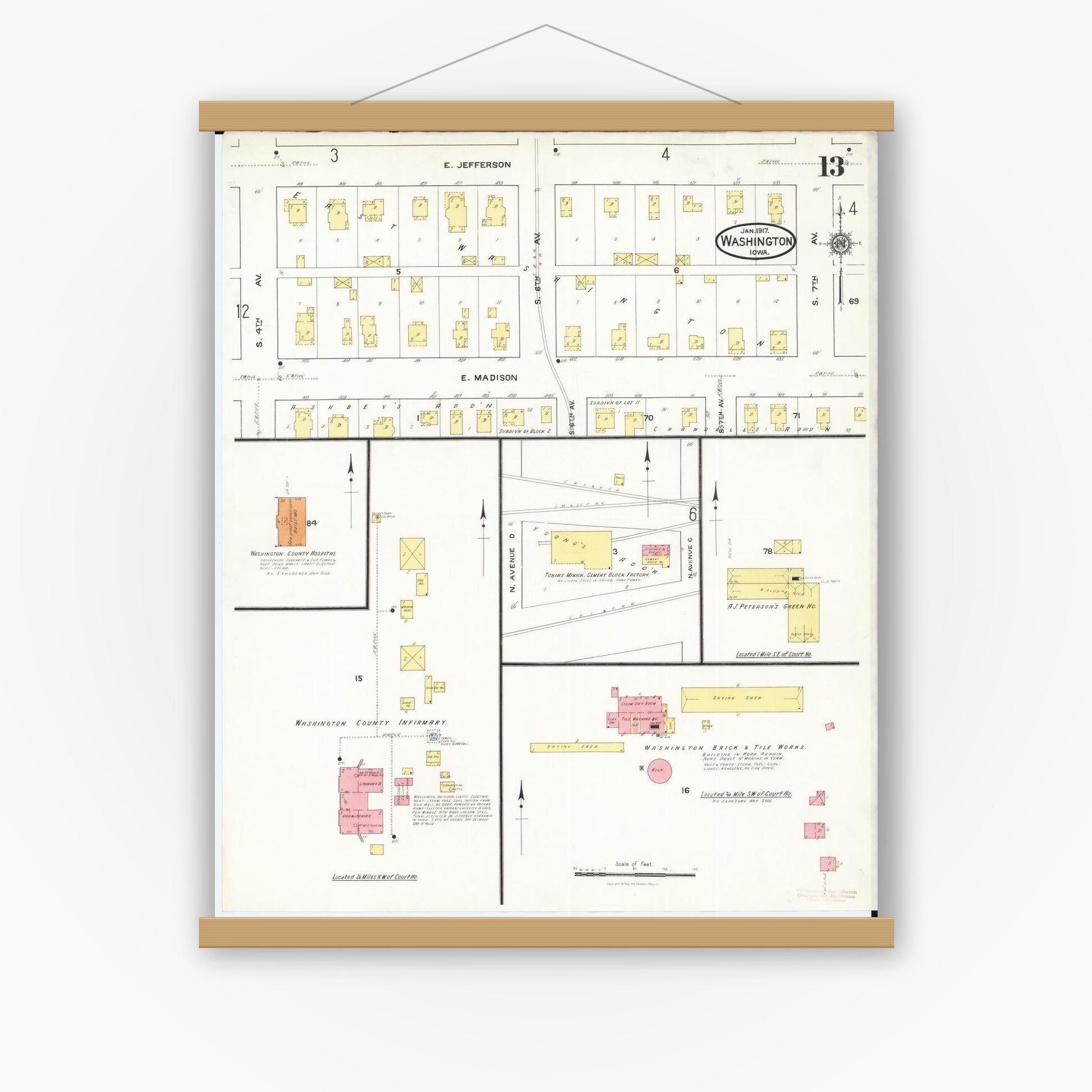 Old map wall art mockup — magnetic wood frame on white wall — Sanborn Fire Insurance Map from Washington, Washington County, Iowa (1917), Sheet #0013