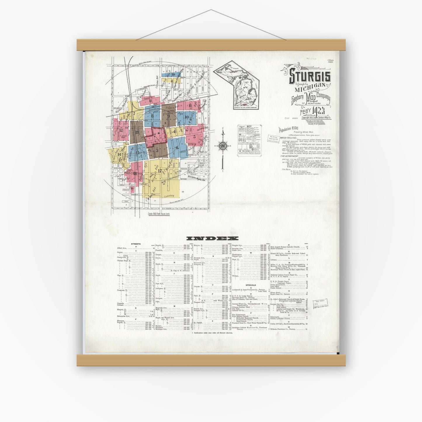 Old map wall art mockup — magnetic wood frame on white wall — Sanborn Fire Insurance Map from Sturgis, Saint Joseph County, Michigan (1923) - Complete Map Set