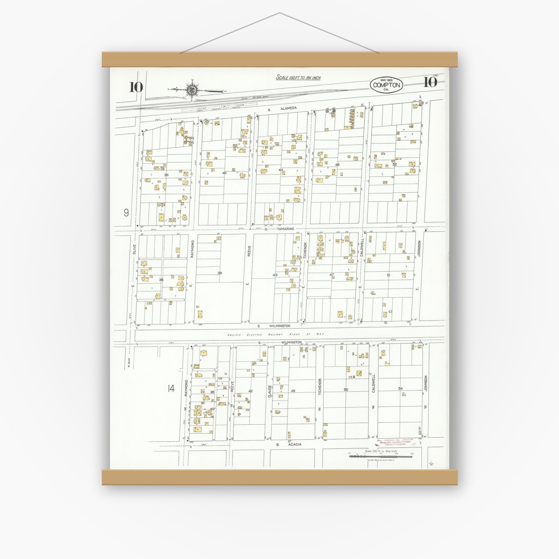 Old map wall art mockup — magnetic wood frame on white wall — Sanborn Fire Insurance Map from Compton, Los Angeles County, California (1925), Sheet #0010