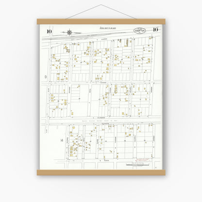 Old map wall art mockup — magnetic wood frame on white wall — Sanborn Fire Insurance Map from Compton, Los Angeles County, California (1925), Sheet #0010