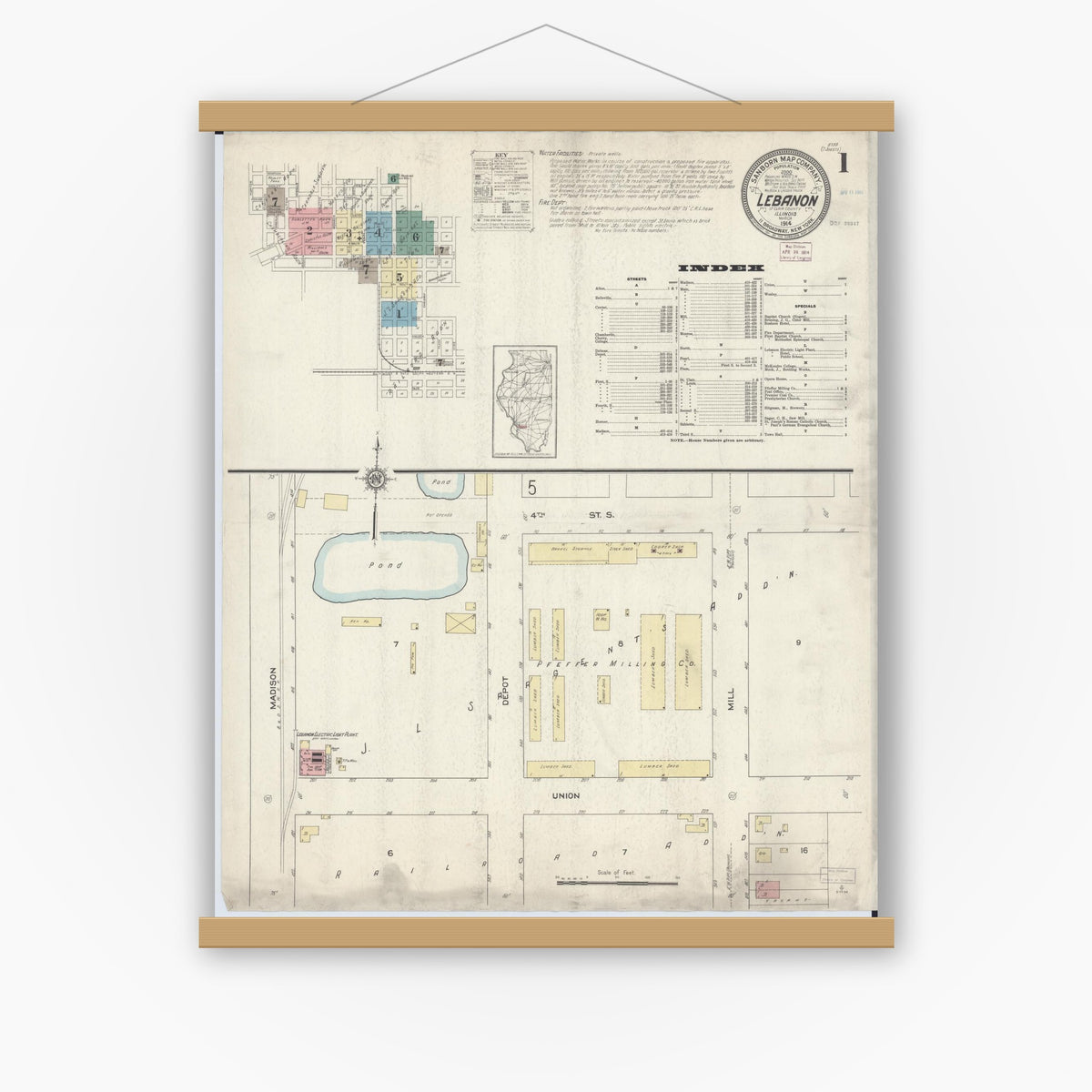Old map wall art mockup — magnetic wood frame on white wall — Sanborn Fire Insurance Map from Lebanon, Saint Clair County, Illinois (1914) - Complete Map Set