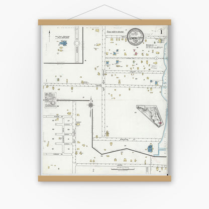Old map wall art mockup — magnetic wood frame on white wall — Sanborn Fire Insurance Map from Lemon City, Dade County, Florida (1920) - Complete Map Set