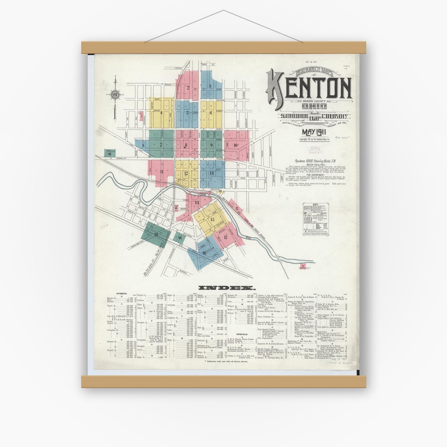 Old map wall art mockup — magnetic wood frame on white wall — Sanborn Fire Insurance Map from Kenton, Hardin County, Ohio (1911) - Complete Map Set