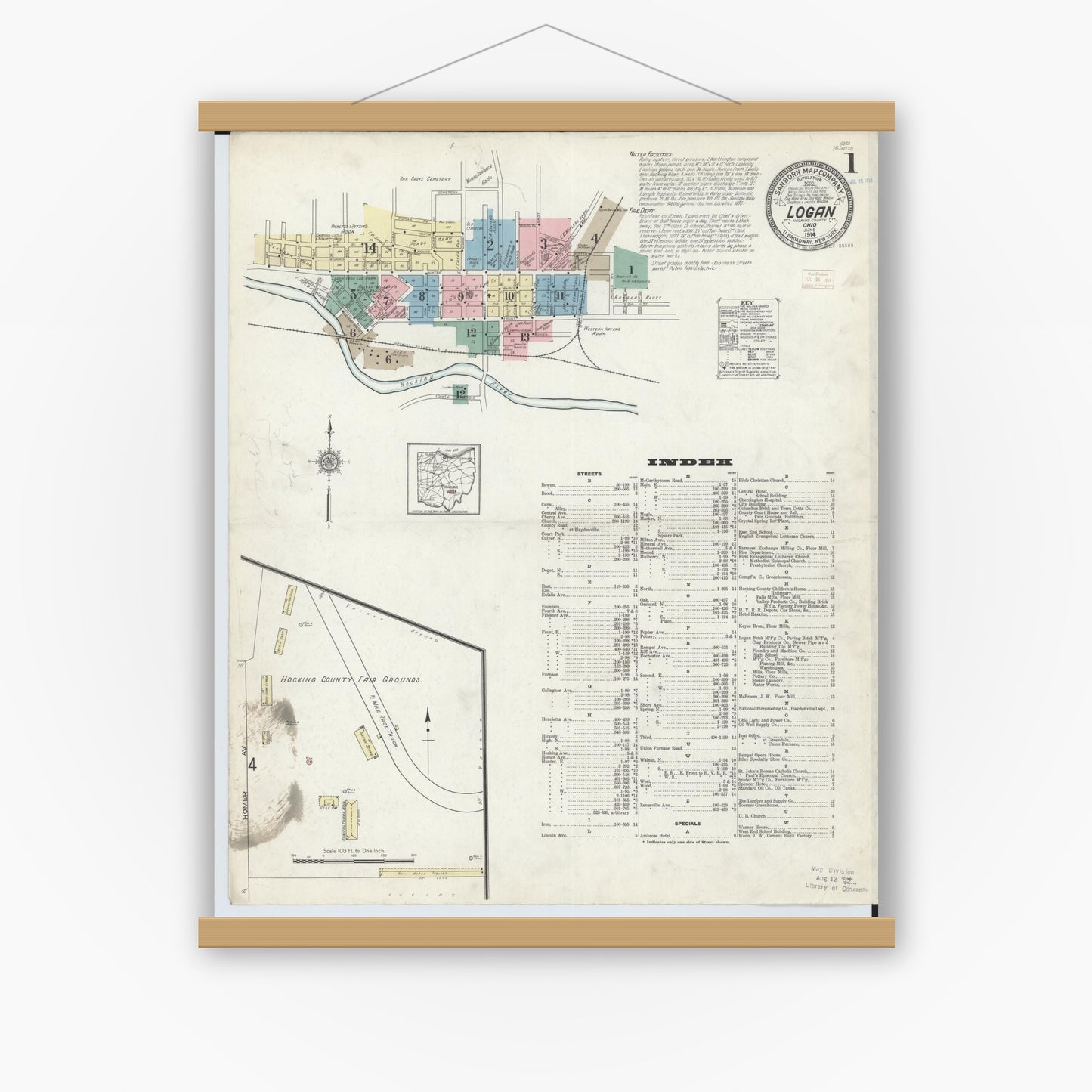 Old map wall art mockup — magnetic wood frame on white wall — Sanborn Fire Insurance Map from Logan, Hocking County, Ohio (1914) - Complete Map Set