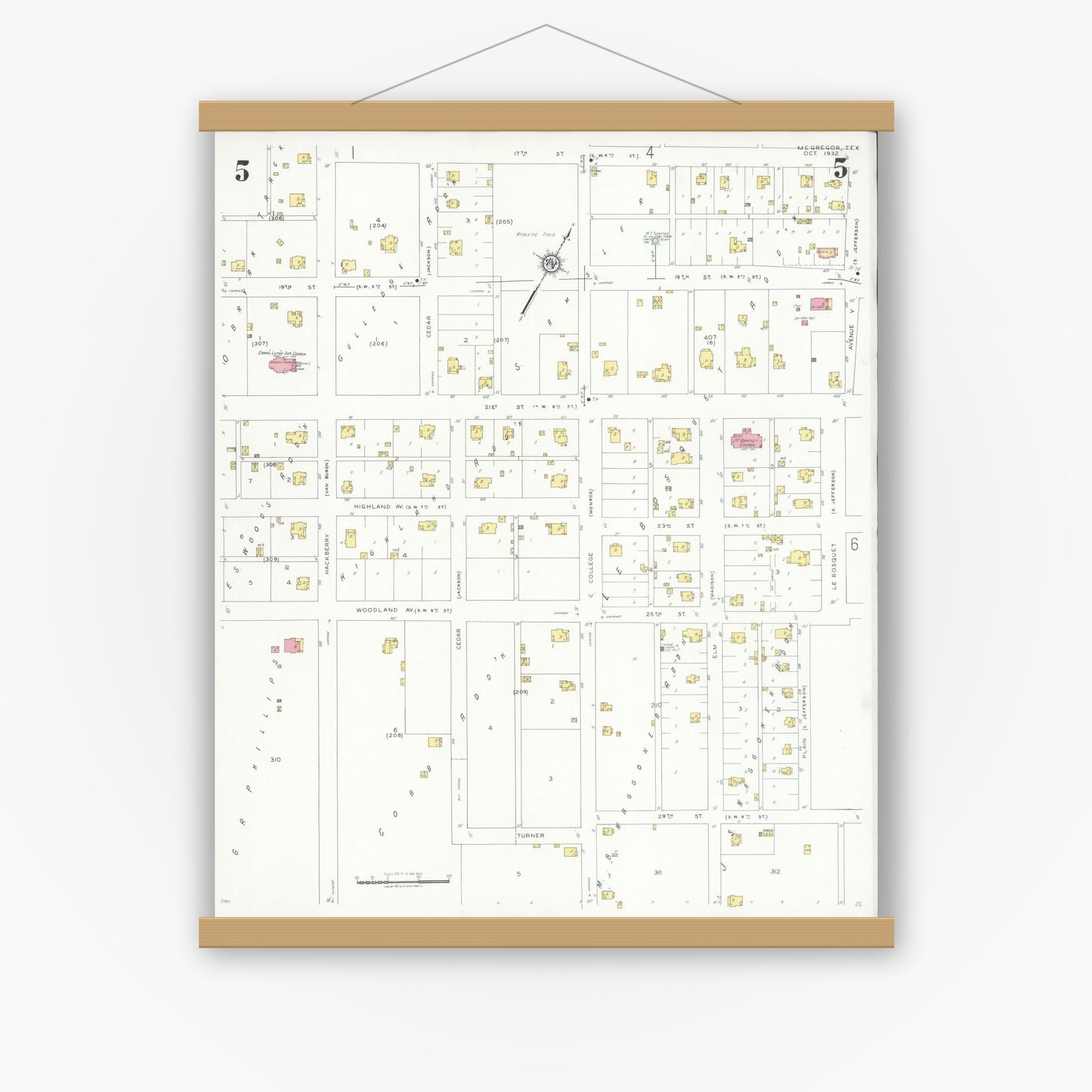 Old map wall art mockup — magnetic wood frame on white wall — Sanborn Fire Insurance Map from McGregor, McLennan County, Texas (1932), Sheet #0005
