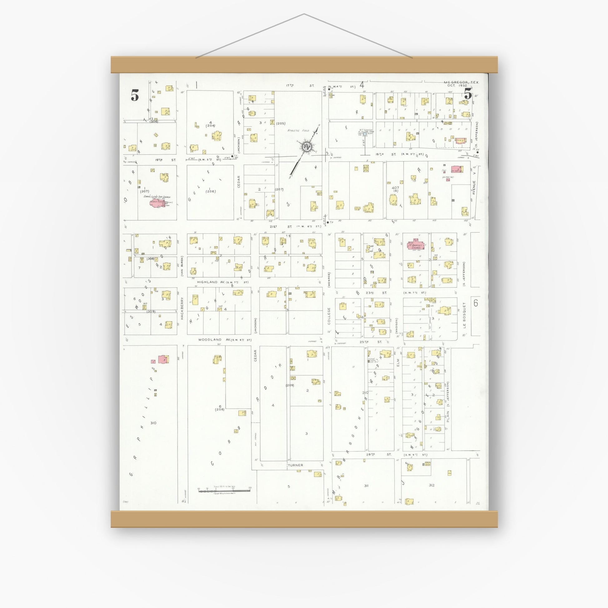 Old map wall art mockup — magnetic wood frame on white wall — Sanborn Fire Insurance Map from McGregor, McLennan County, Texas (1932), Sheet #0005