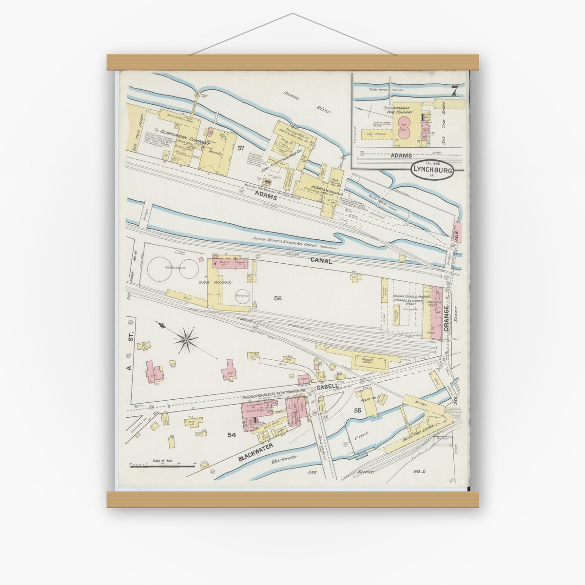 Old map wall art mockup — magnetic wood frame on white wall — Sanborn Fire Insurance Map from Lynchburg, Independent Cities, Virginia (1890), Sheet #0007