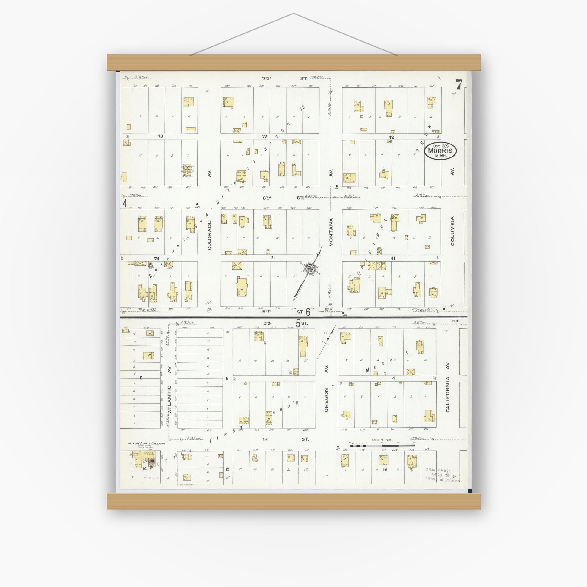 Old map wall art mockup — magnetic wood frame on white wall — Sanborn Fire Insurance Map from Morris, Stevens County, Minnesota (1909), Sheet #0007