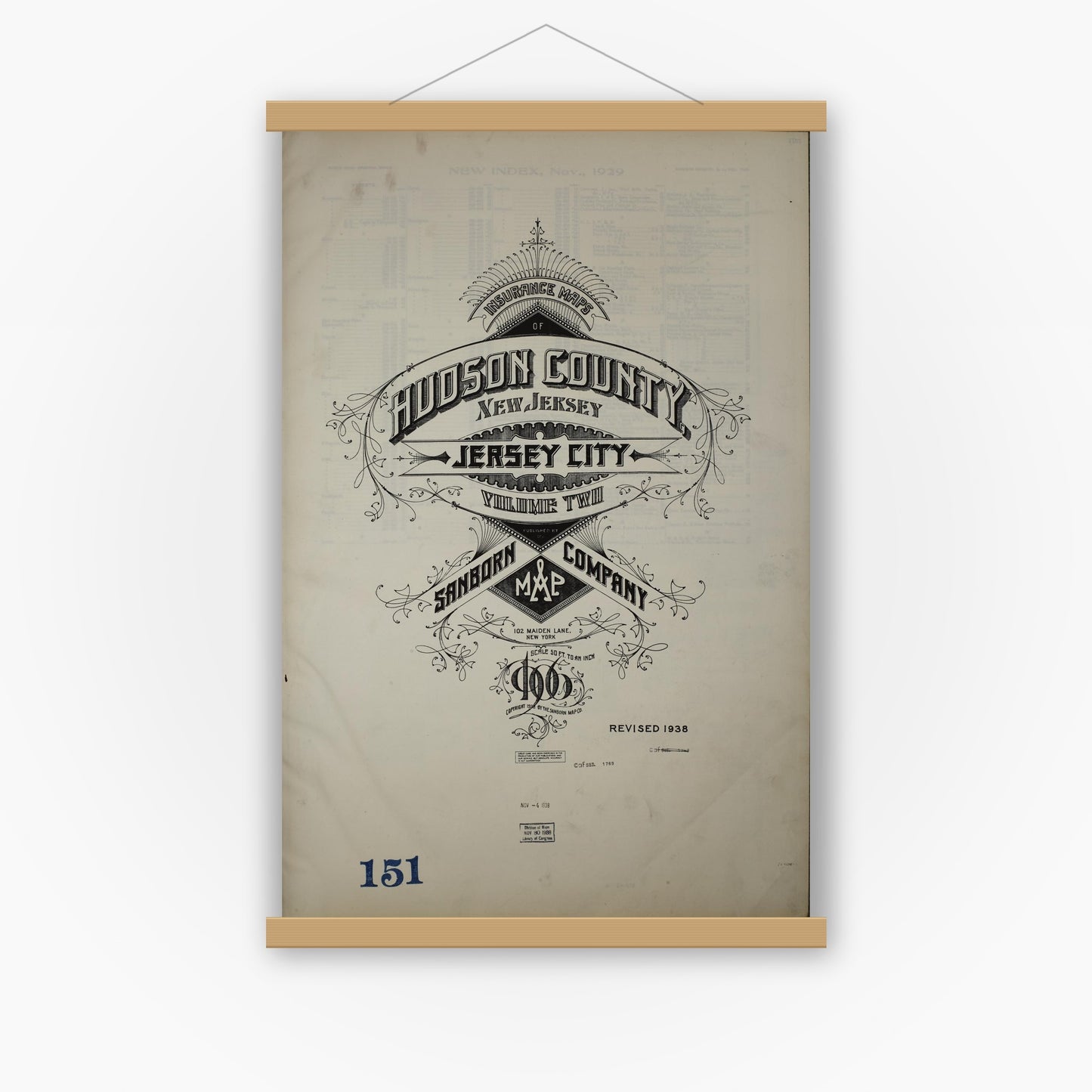 Old map wall art mockup — magnetic wood frame on white wall — Sanborn Fire Insurance Map from Hudson Co., Hudson County, New Jersey (1938) - Complete Map Set