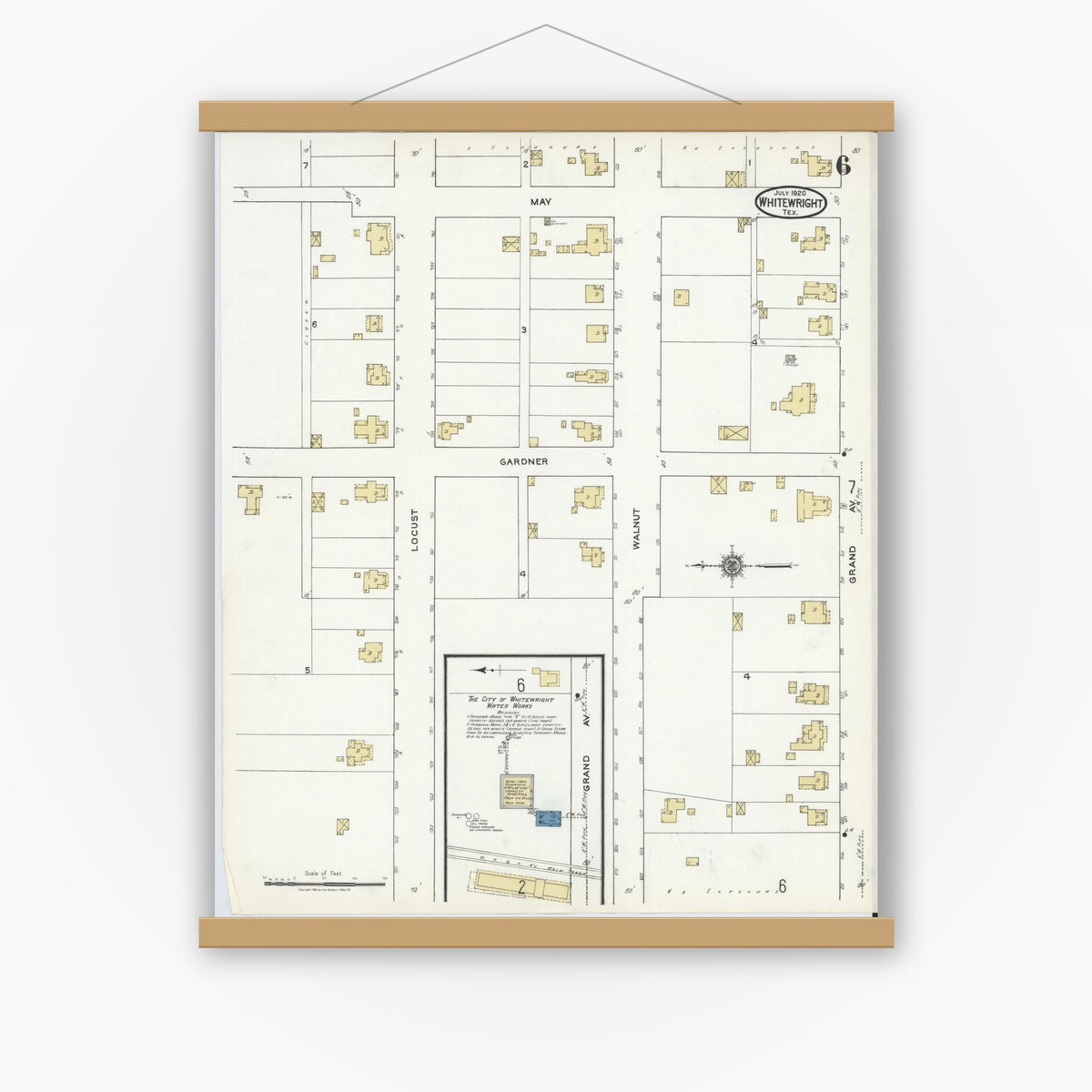 Old map wall art mockup — magnetic wood frame on white wall — Sanborn Fire Insurance Map from Whitewright, Grayson County, Texas (1920), Sheet #0006