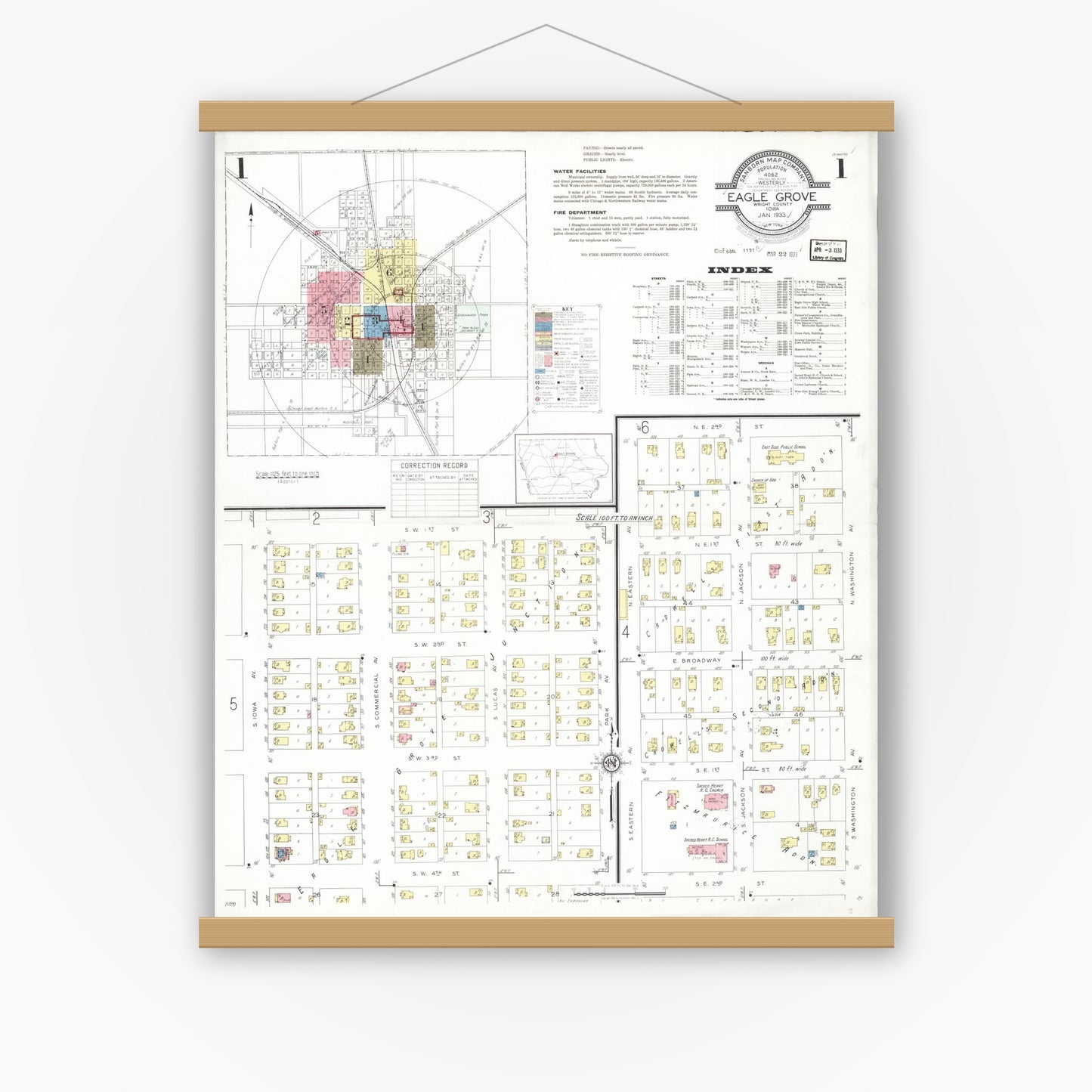 Old map wall art mockup — magnetic wood frame on white wall — Sanborn Fire Insurance Map from Eagle Grove, Wright County, Iowa (1933) â€” Complete Set