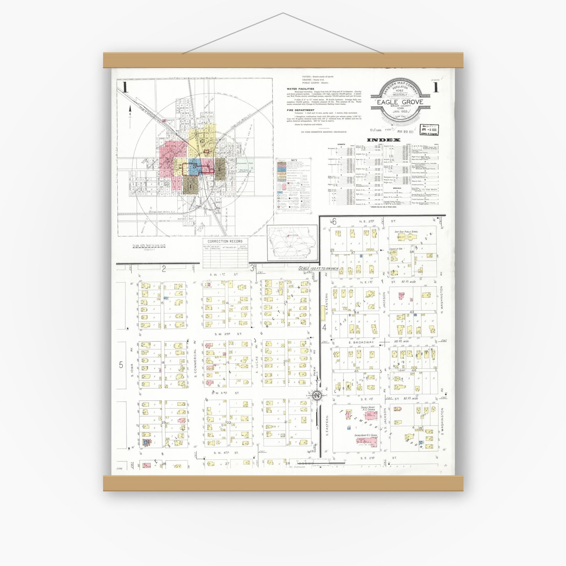 Old map wall art mockup — magnetic wood frame on white wall — Sanborn Fire Insurance Map from Eagle Grove, Wright County, Iowa (1933) â€” Complete Set