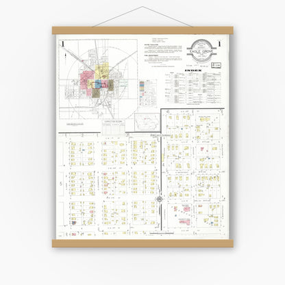 Old map wall art mockup — magnetic wood frame on white wall — Sanborn Fire Insurance Map from Eagle Grove, Wright County, Iowa (1933) â€” Complete Set