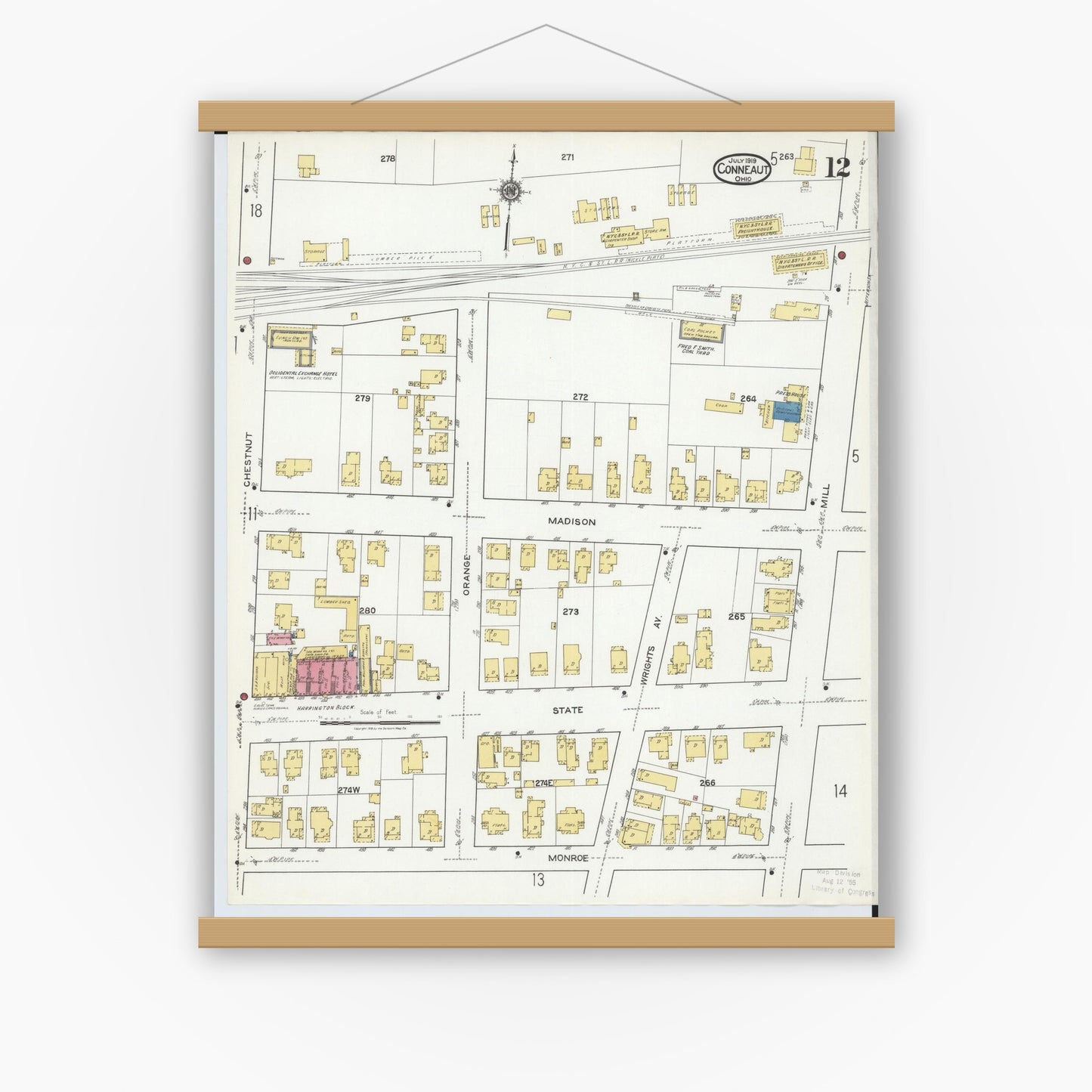 Old map wall art mockup — magnetic wood frame on white wall — Sanborn Fire Insurance Map from Conneaut, Ashtabula County, Ohio (1919), Sheet #0012
