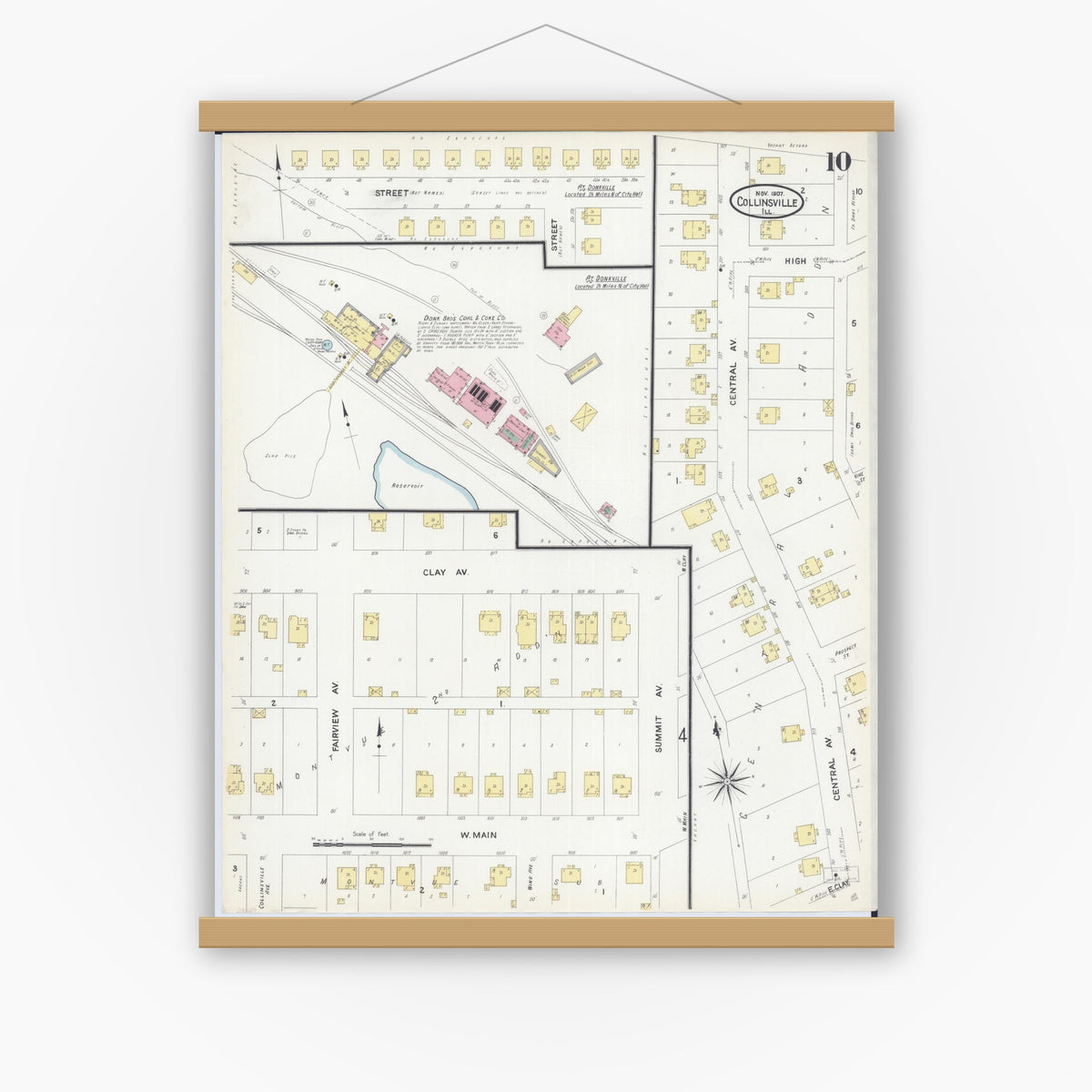 Old map wall art mockup — magnetic wood frame on white wall — Sanborn Fire Insurance Map from Collinsville, Madison County, Illinois (1907), Sheet #0010