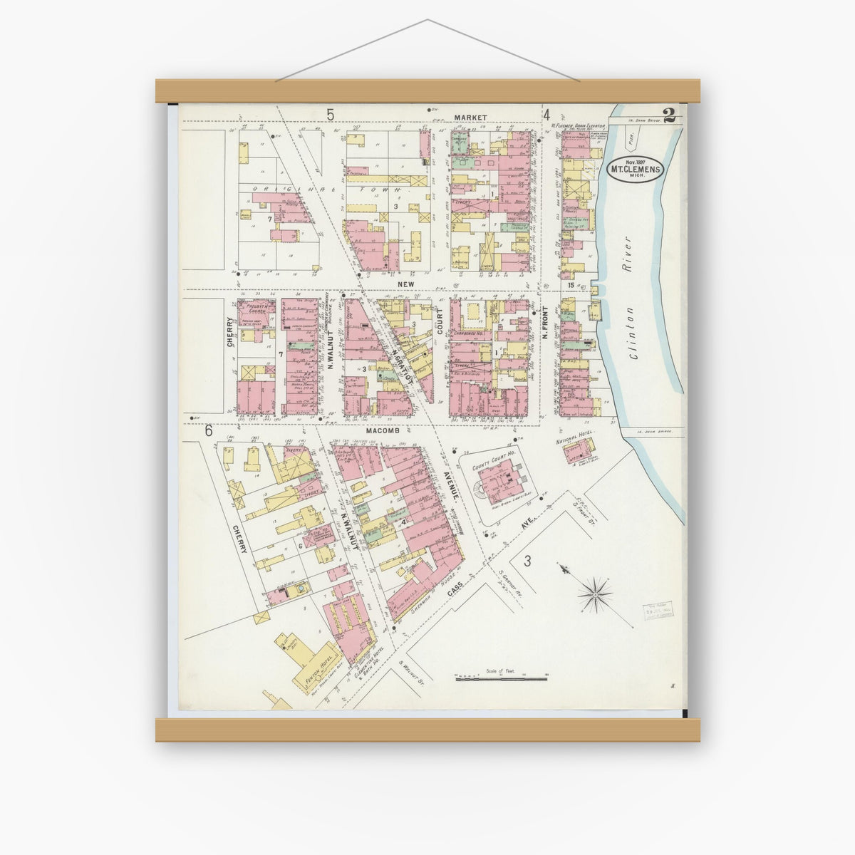 Old map wall art mockup — magnetic wood frame on white wall — Sanborn Fire Insurance Map from Mount Clemens, Macomb County, Michigan (1897), Sheet #0002