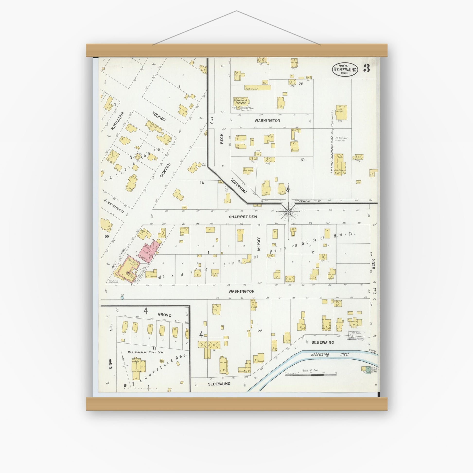 Old map wall art mockup — magnetic wood frame on white wall — Sanborn Fire Insurance Map from Sebewaing, Huron County, Michigan (1901), Sheet #0003