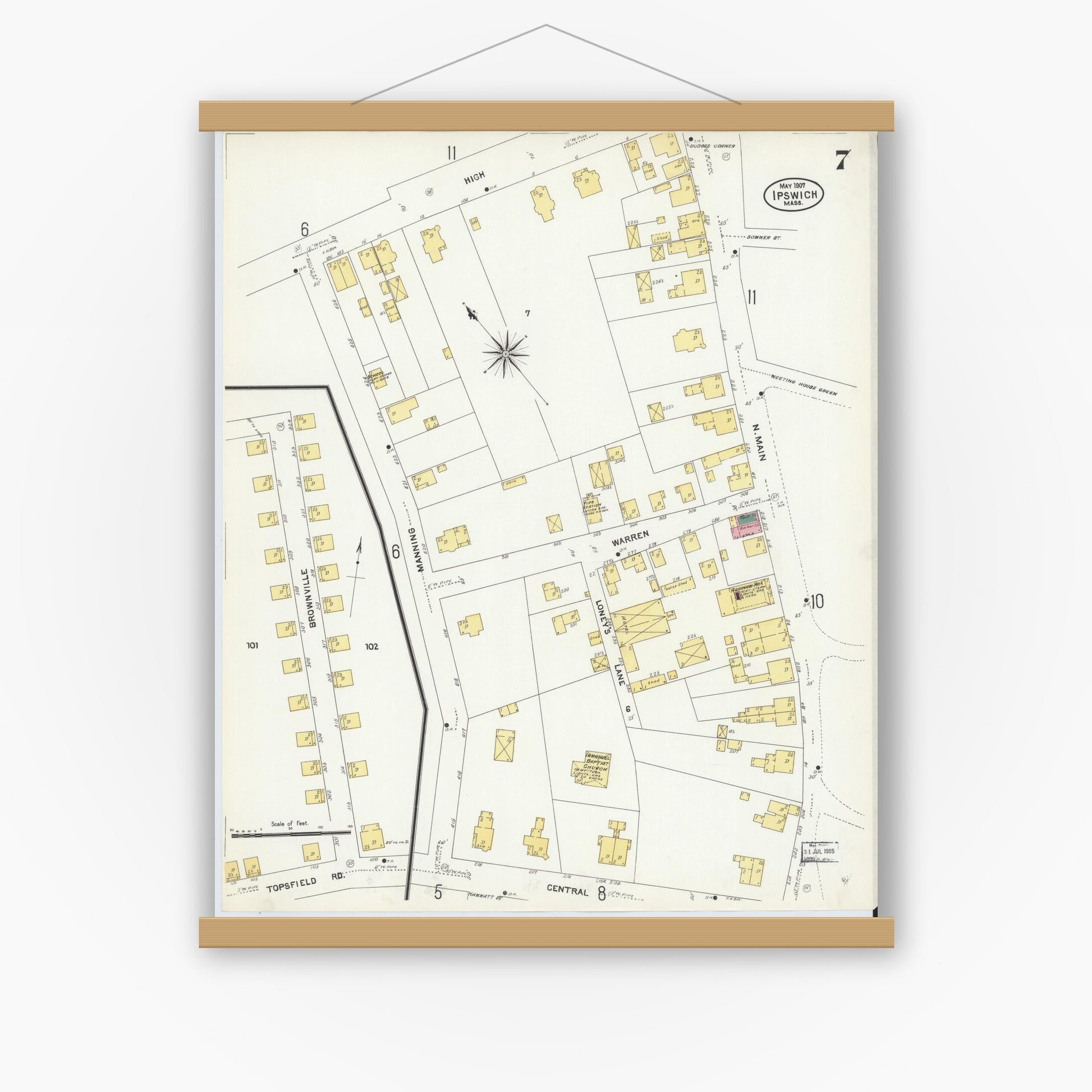 Old map wall art mockup — magnetic wood frame on white wall — Sanborn Fire Insurance Map from Ipswich, Essex County, Massachusetts (1907), Sheet #0007