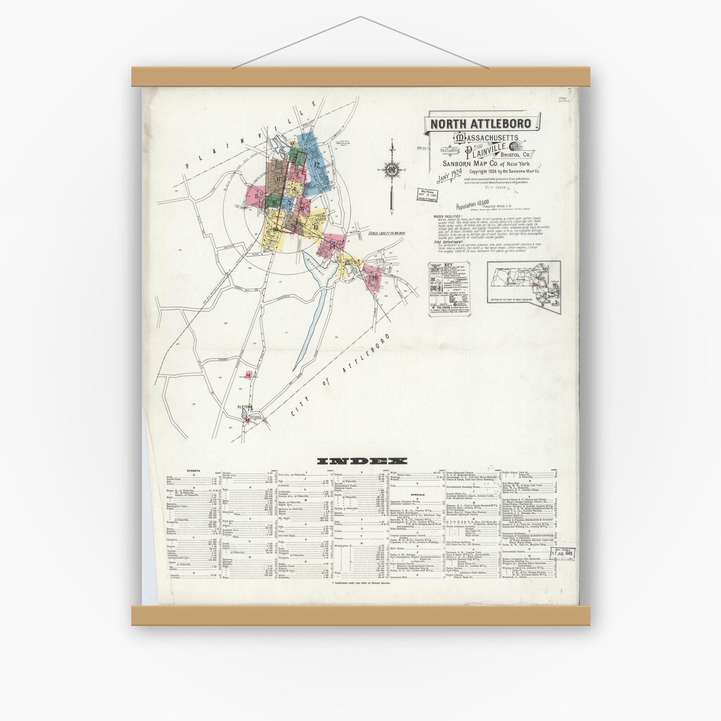 Old map wall art mockup — magnetic wood frame on white wall — Sanborn Fire Insurance Map from North Attleborough, Bristol County, Massachusetts (1924) - Complete Map Set