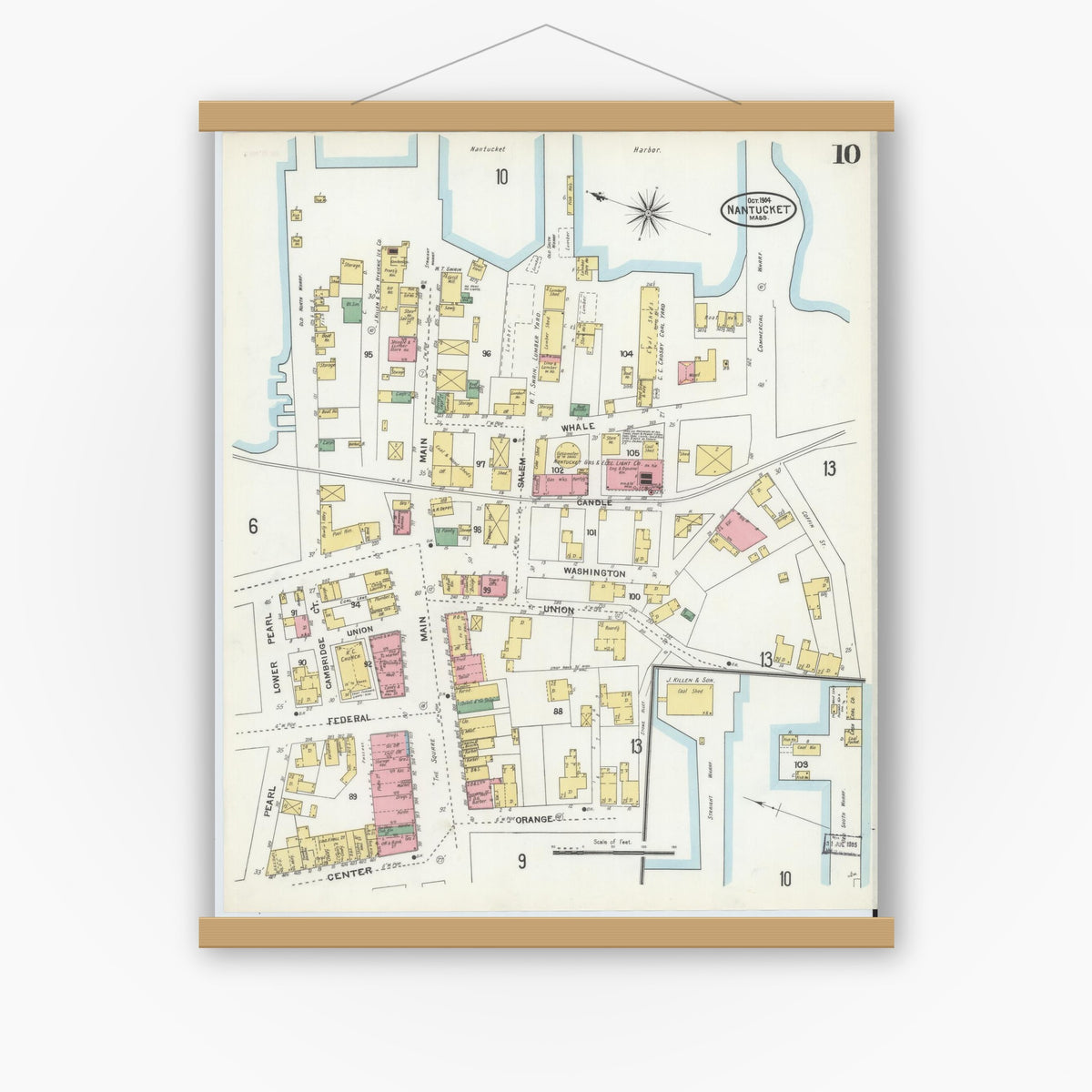 Old map wall art mockup — magnetic wood frame on white wall — Sanborn Fire Insurance Map from Nantucket, Nantucket County, Massachusetts (1904), Sheet #0010