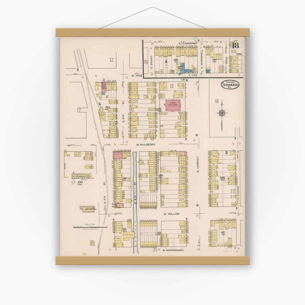 Old map wall art mockup — magnetic wood frame on white wall — Sanborn Fire Insurance Map from Shamokin, Northumberland County, Pennsylvania (1922), Sheet #0018