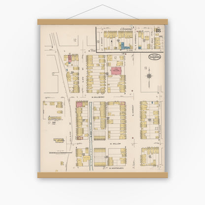 Old map wall art mockup — magnetic wood frame on white wall — Sanborn Fire Insurance Map from Shamokin, Northumberland County, Pennsylvania (1922), Sheet #0018
