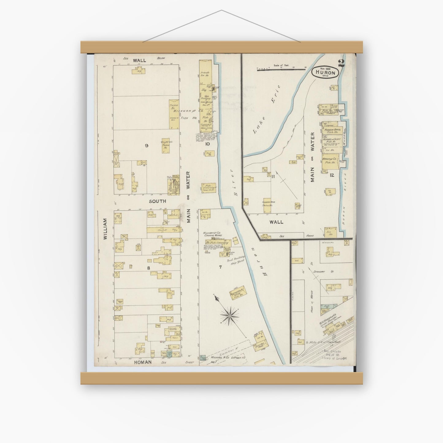 Old map wall art mockup — magnetic wood frame on white wall — Sanborn Fire Insurance Map from Huron, Erie County, Ohio (1888), Sheet #0002