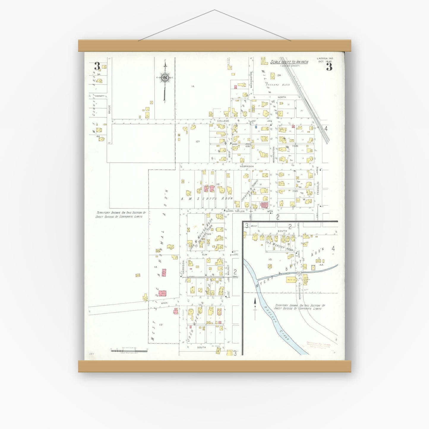 Old map wall art mockup — magnetic wood frame on white wall — Sanborn Fire Insurance Map from Ladoga, Montgomery County, Indiana (1942), Sheet #0003
