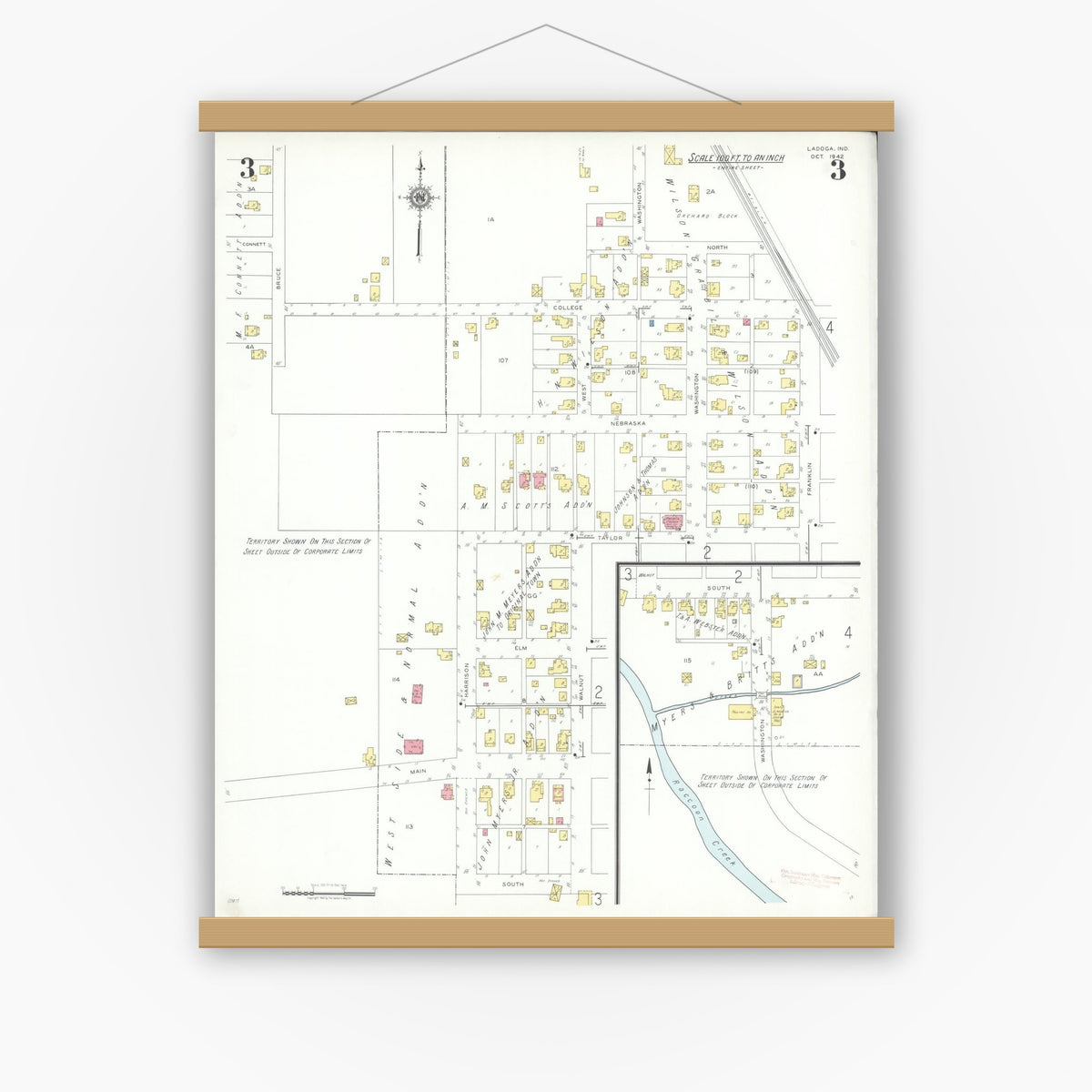 Old map wall art mockup — magnetic wood frame on white wall — Sanborn Fire Insurance Map from Ladoga, Montgomery County, Indiana (1942), Sheet #0003