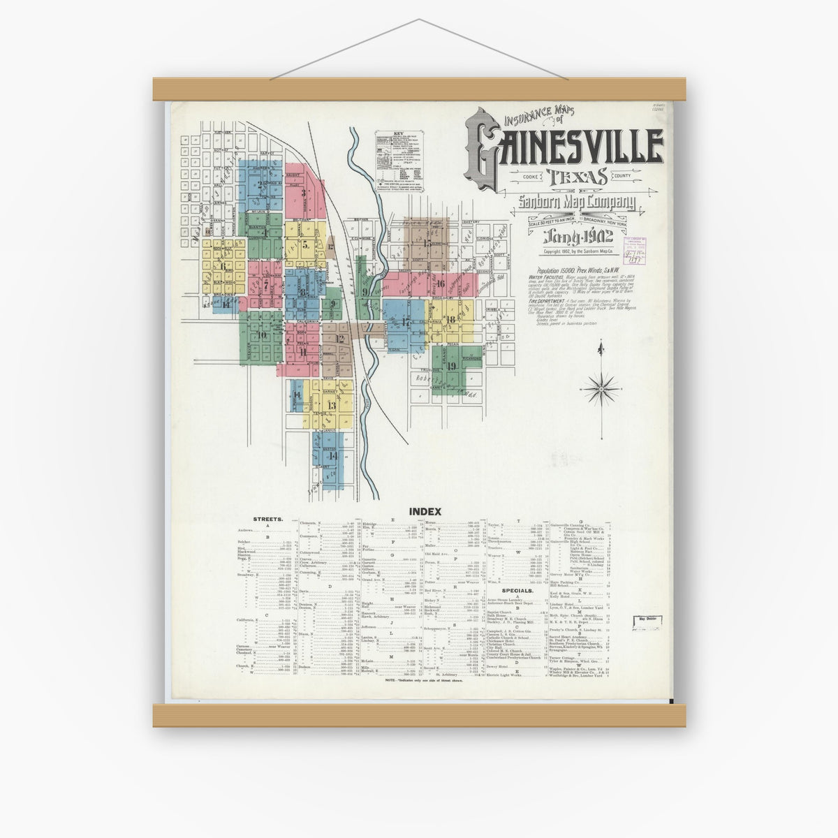 Old map wall art mockup — magnetic wood frame on white wall — Sanborn Fire Insurance Map from Gainesville, Cooke County, Texas (1902) - Complete Map Set