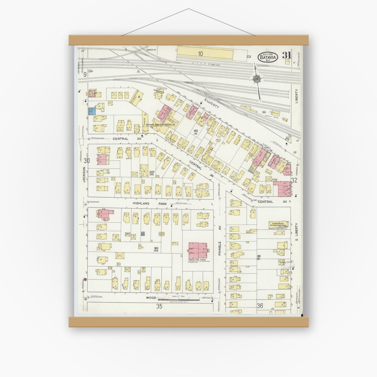 Old map wall art mockup — magnetic wood frame on white wall — Sanborn Fire Insurance Map from Batavia, Genesee County, New York (1919), Sheet #0031