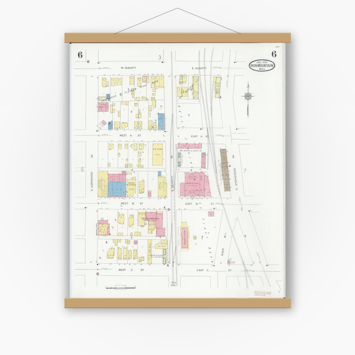 Old map wall art mockup — magnetic wood frame on white wall — Sanborn Fire Insurance Map from Iron Mountain, Dickinson County, Michigan (1930), Sheet #0006