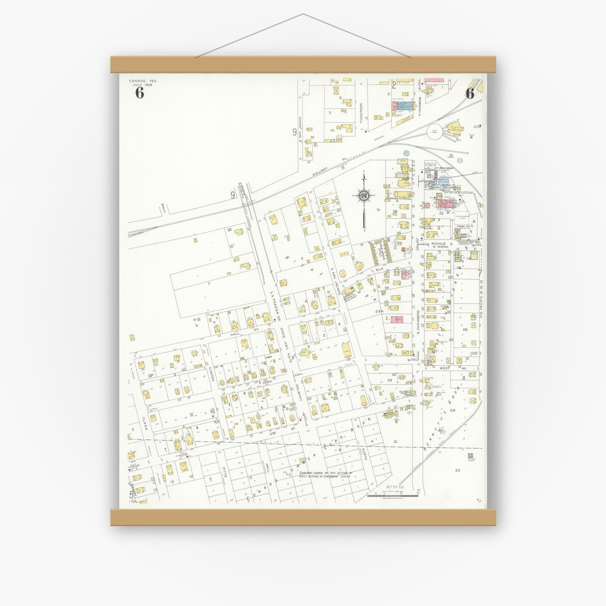 Old map wall art mockup — magnetic wood frame on white wall — Sanborn Fire Insurance Map from Conroe, Montgomery County, Texas (1938), Sheet #0006