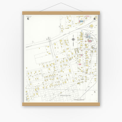 Old map wall art mockup — magnetic wood frame on white wall — Sanborn Fire Insurance Map from Conroe, Montgomery County, Texas (1938), Sheet #0006