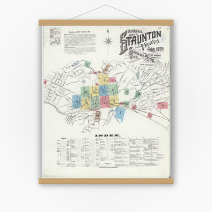 Old map wall art mockup — magnetic wood frame on white wall — Sanborn Fire Insurance Map from Staunton, Independent Cities, Virginia (1899) - Complete Map Set