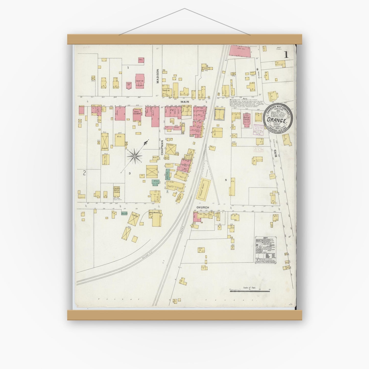 Old map wall art mockup — magnetic wood frame on white wall — Sanborn Fire Insurance Map from Orange, Orange County, Virginia (1905) - Complete Map Set