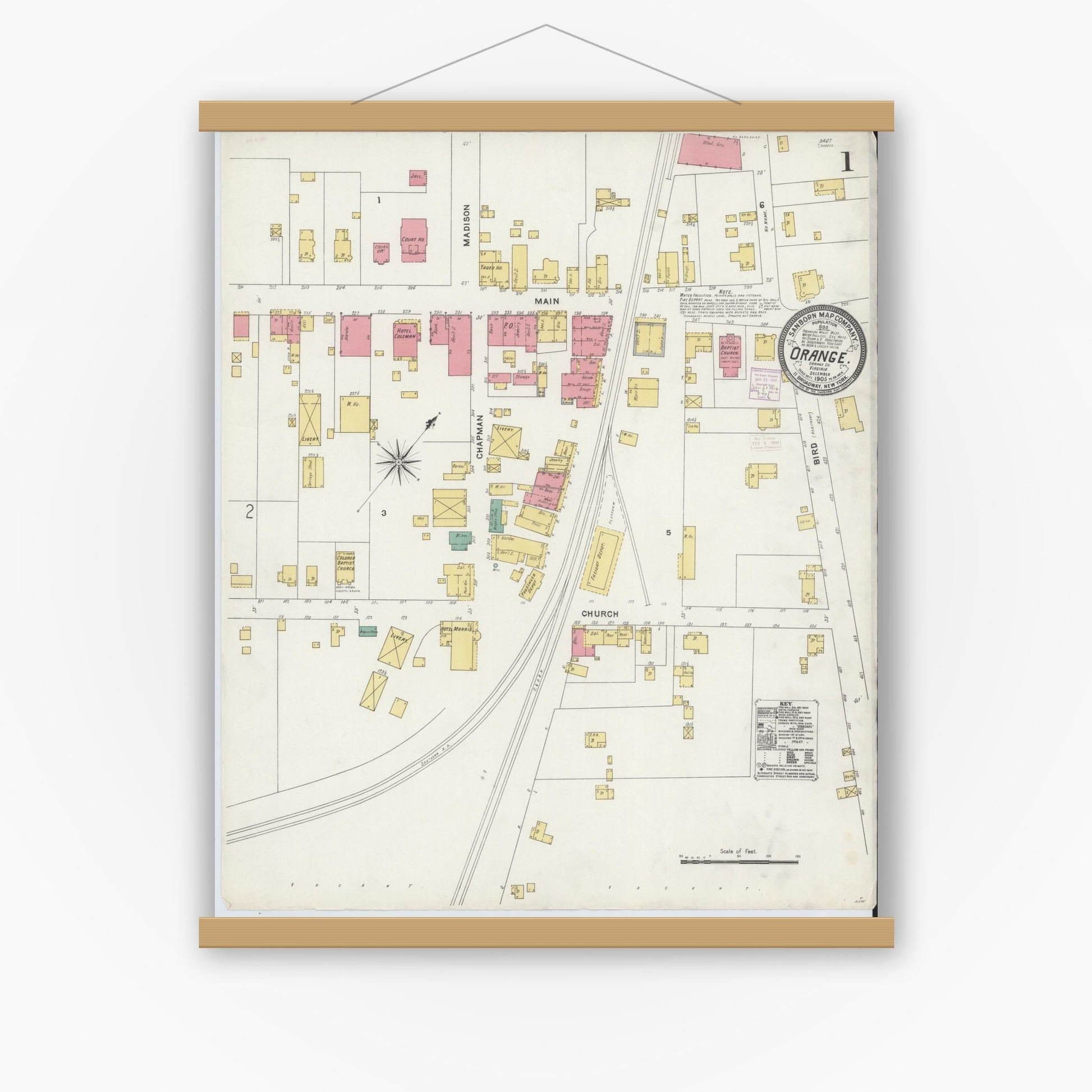 Old map wall art mockup — magnetic wood frame on white wall — Sanborn Fire Insurance Map from Orange, Orange County, Virginia (1905) - Complete Map Set