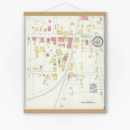 Old map wall art mockup — magnetic wood frame on white wall — Sanborn Fire Insurance Map from Orange, Orange County, Virginia (1905) - Complete Map Set