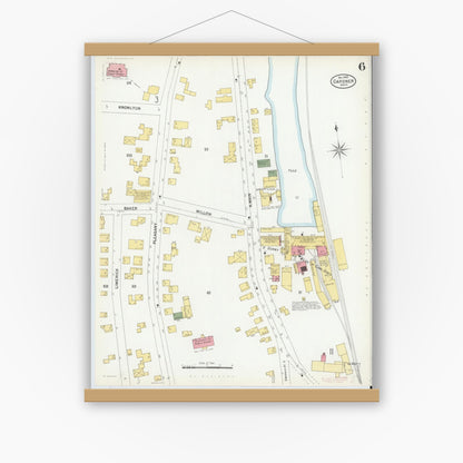 Old map wall art mockup — magnetic wood frame on white wall — Sanborn Fire Insurance Map from Gardner, Worcester County, Massachusetts (1900), Sheet #0006