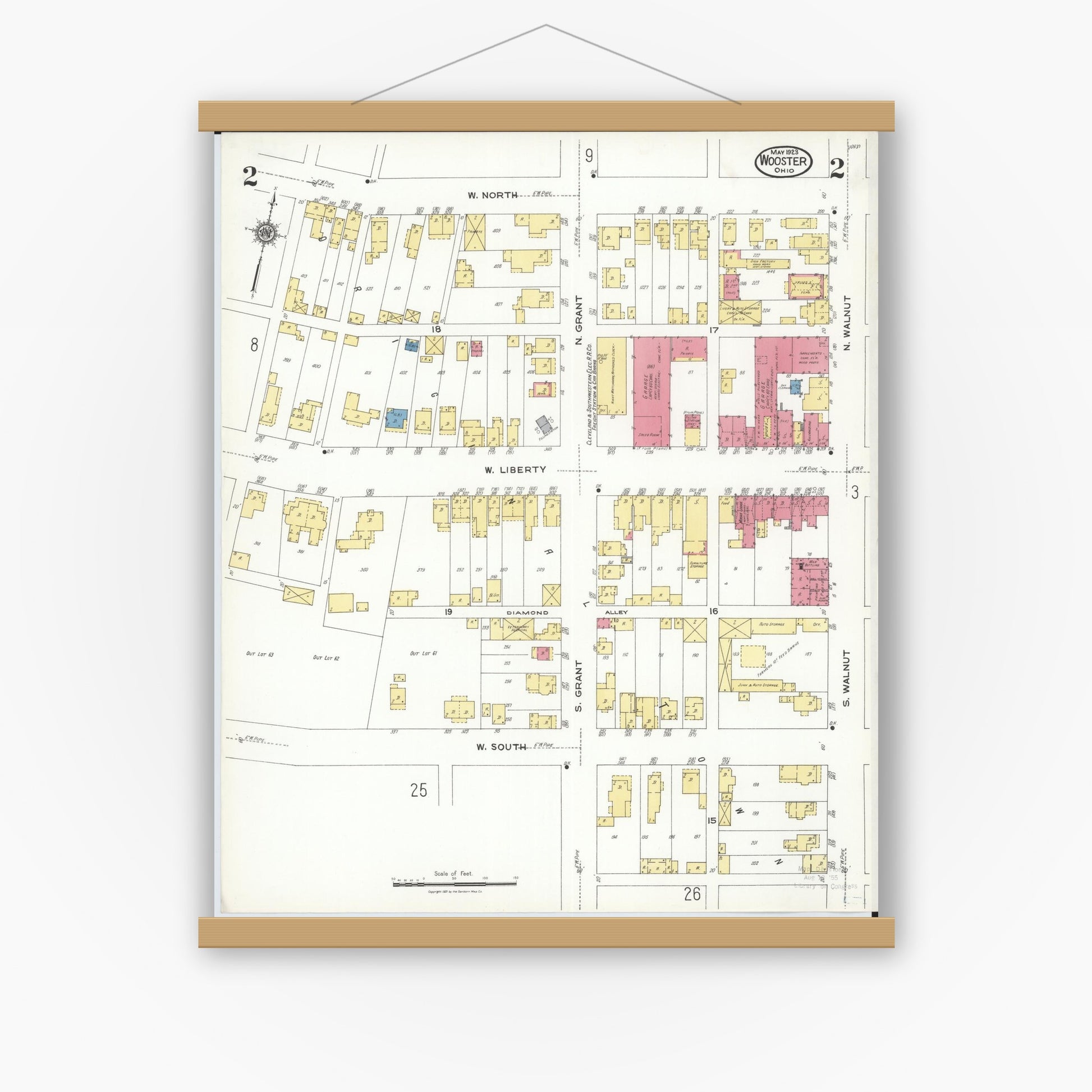 Old map wall art mockup — magnetic wood frame on white wall — Sanborn Fire Insurance Map from Wooster, Wayne County, Ohio (1923), Sheet #0002