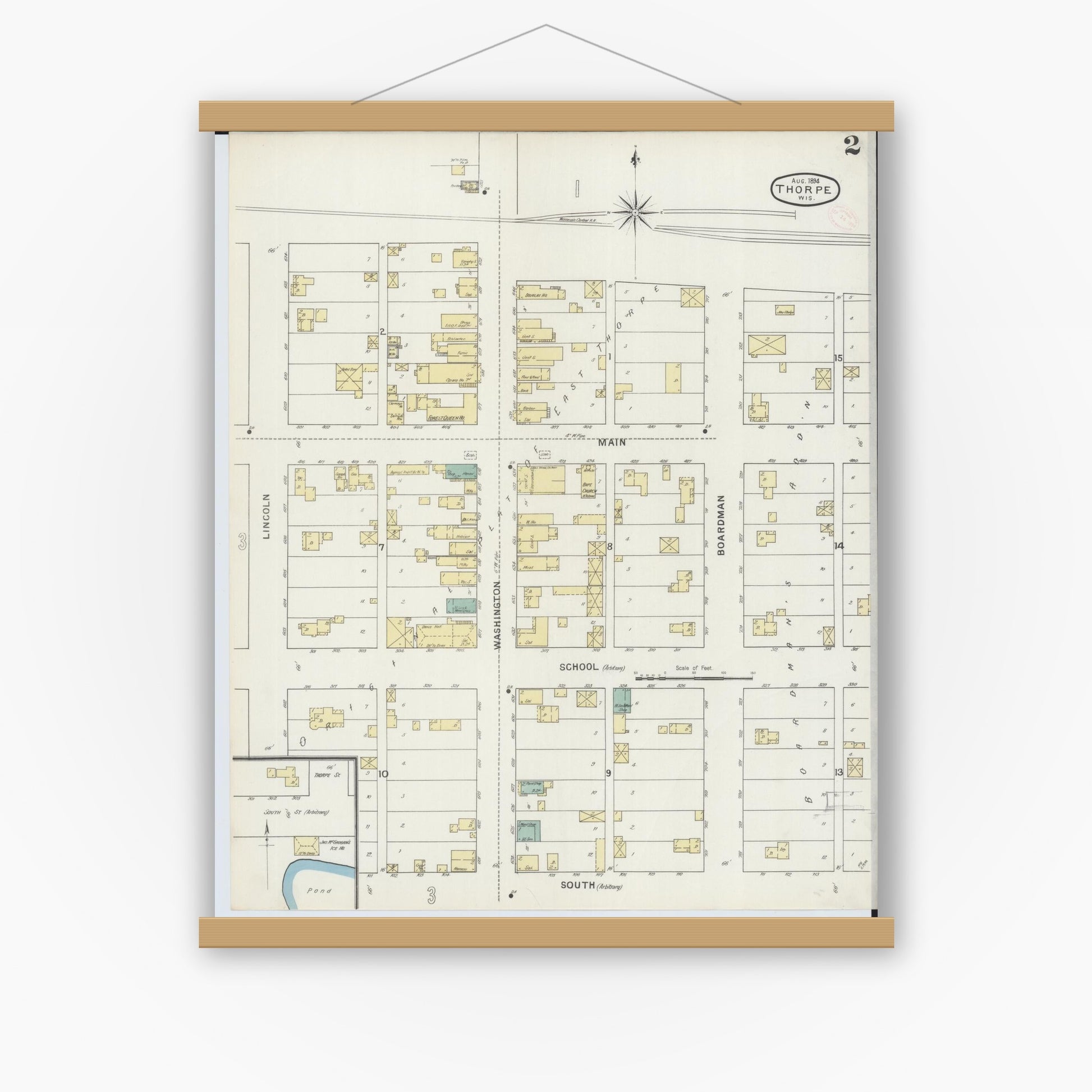 Old map wall art mockup — magnetic wood frame on white wall — Sanborn Fire Insurance Map from Thorpe, Clark County, Wisconsin (1894), Sheet #0002