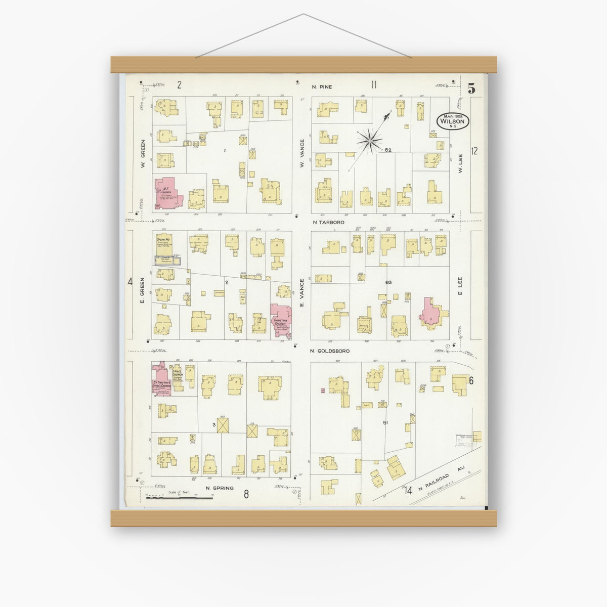 Old map wall art mockup — magnetic wood frame on white wall — Sanborn Fire Insurance Map from Wilson, Wilson County, North Carolina (1908), Sheet #0005