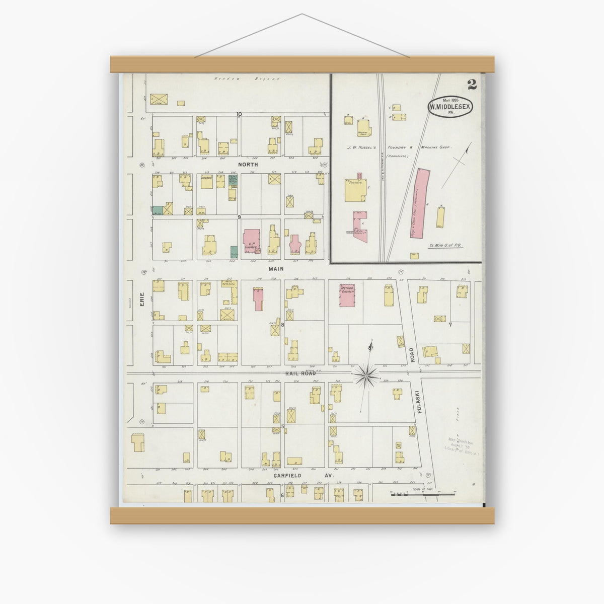 Old map wall art mockup — magnetic wood frame on white wall — Sanborn Fire Insurance Map from West Middlesex, Mercer County, Pennsylvania (1895), Sheet #0002