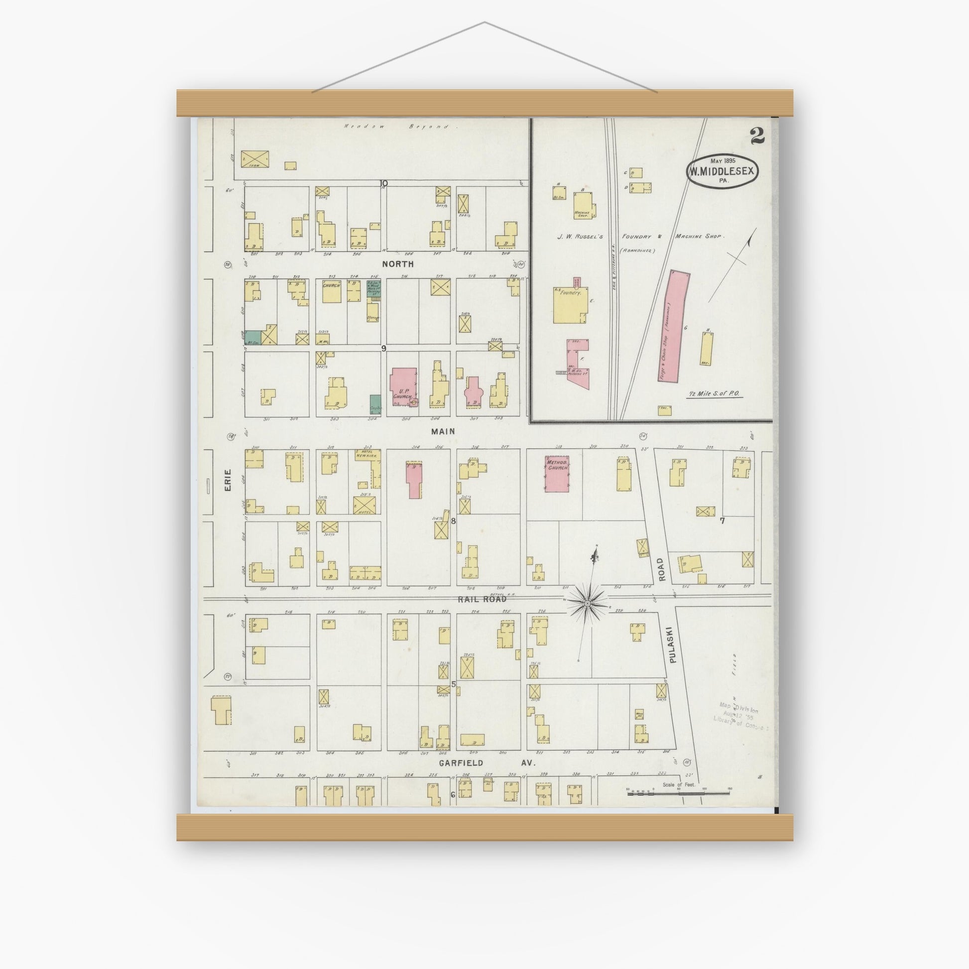 Old map wall art mockup — magnetic wood frame on white wall — Sanborn Fire Insurance Map from West Middlesex, Mercer County, Pennsylvania (1895), Sheet #0002