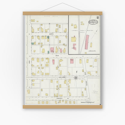 Old map wall art mockup — magnetic wood frame on white wall — Sanborn Fire Insurance Map from West Middlesex, Mercer County, Pennsylvania (1895), Sheet #0002