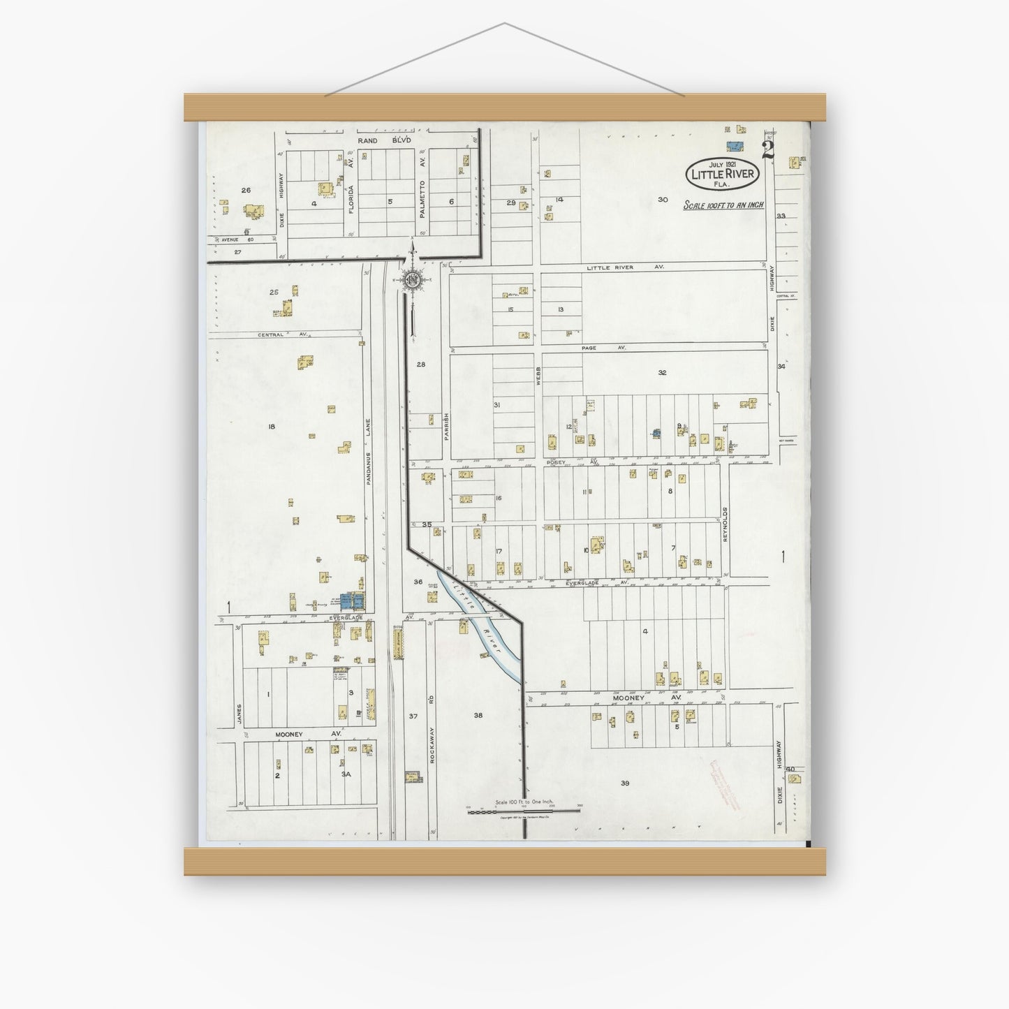 Old map wall art mockup — magnetic wood frame on white wall — Sanborn Fire Insurance Map from Little River, Dade County, Florida (1921), Sheet #0002